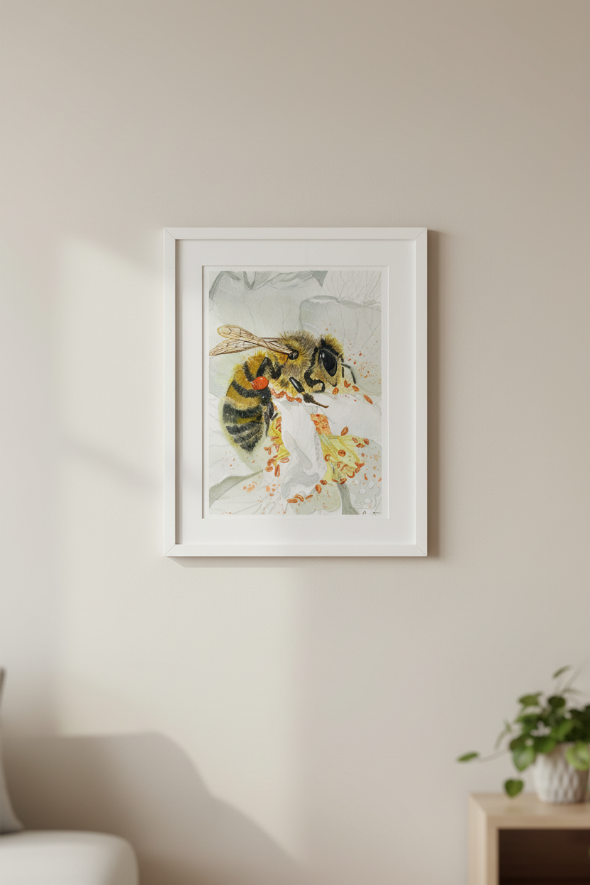 Bee watercolour framed on wall