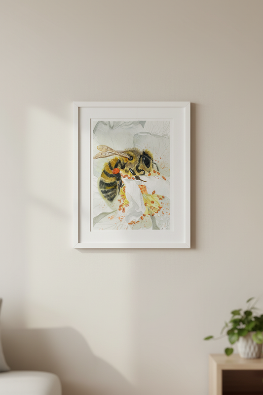 Bee watercolour framed on wall