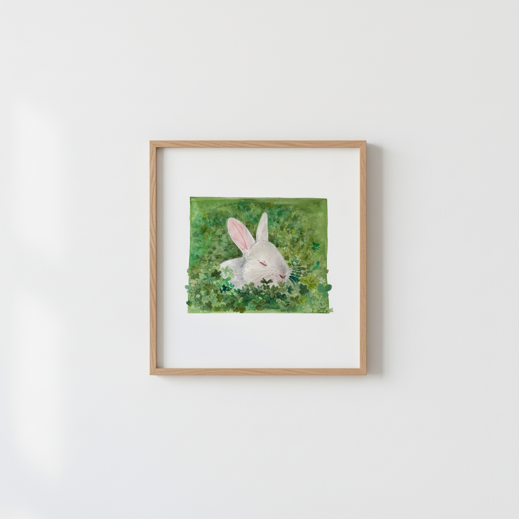 Bunny artwork in wooden frame
