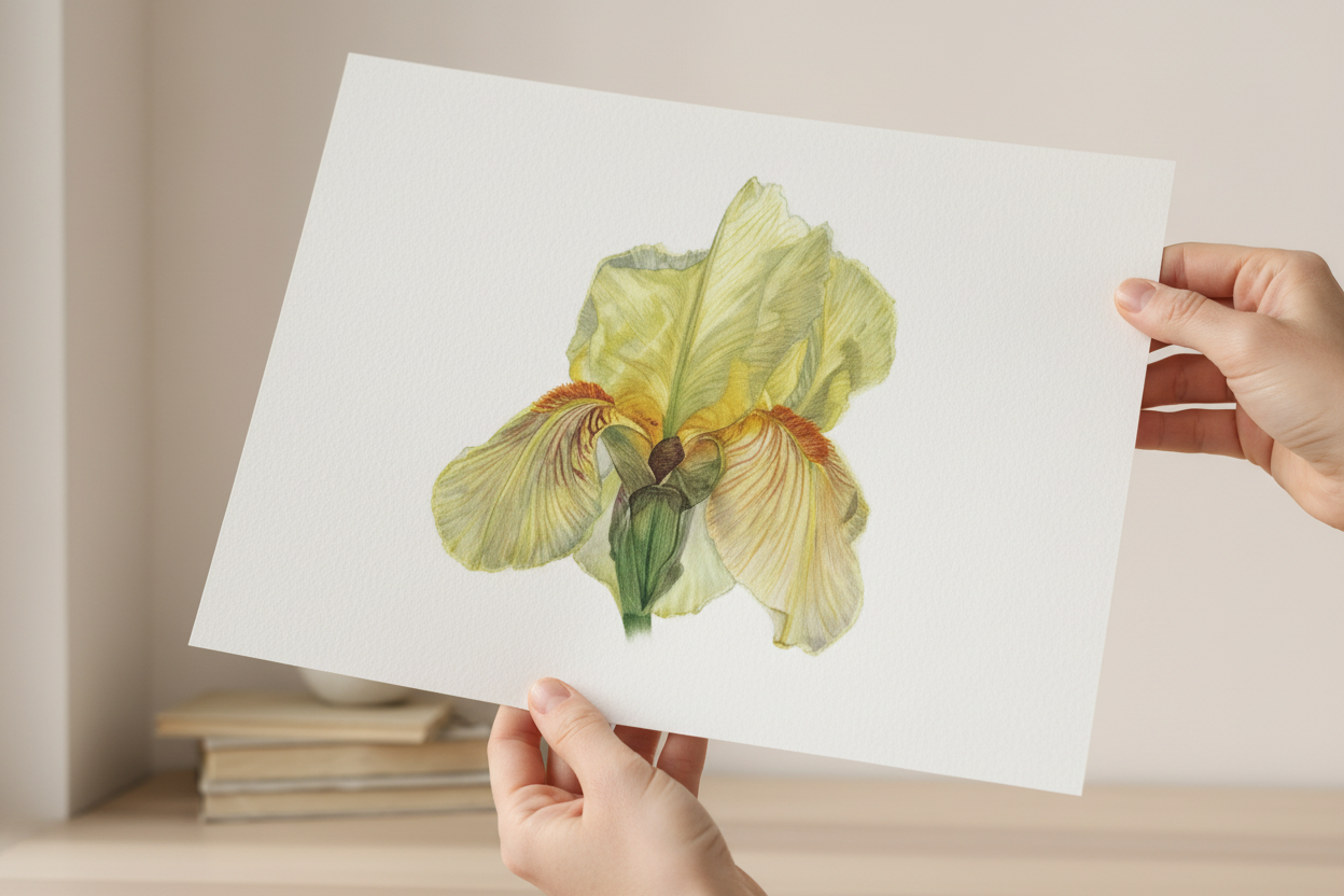 Ruce drží nerámovaný print - ukazuje kvalitu